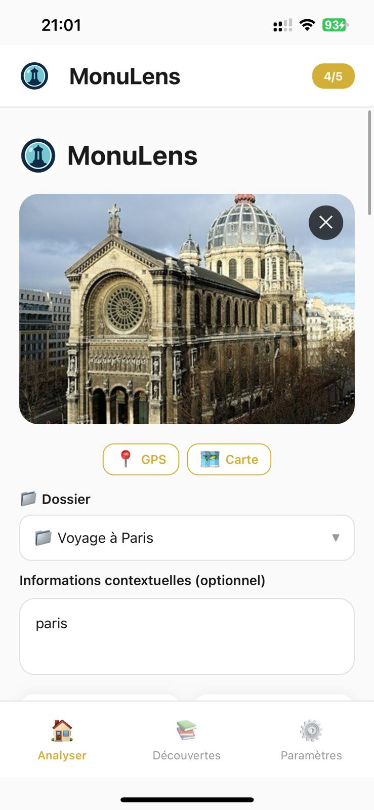 Interface Monulens lors de la prise de photo d'un monument